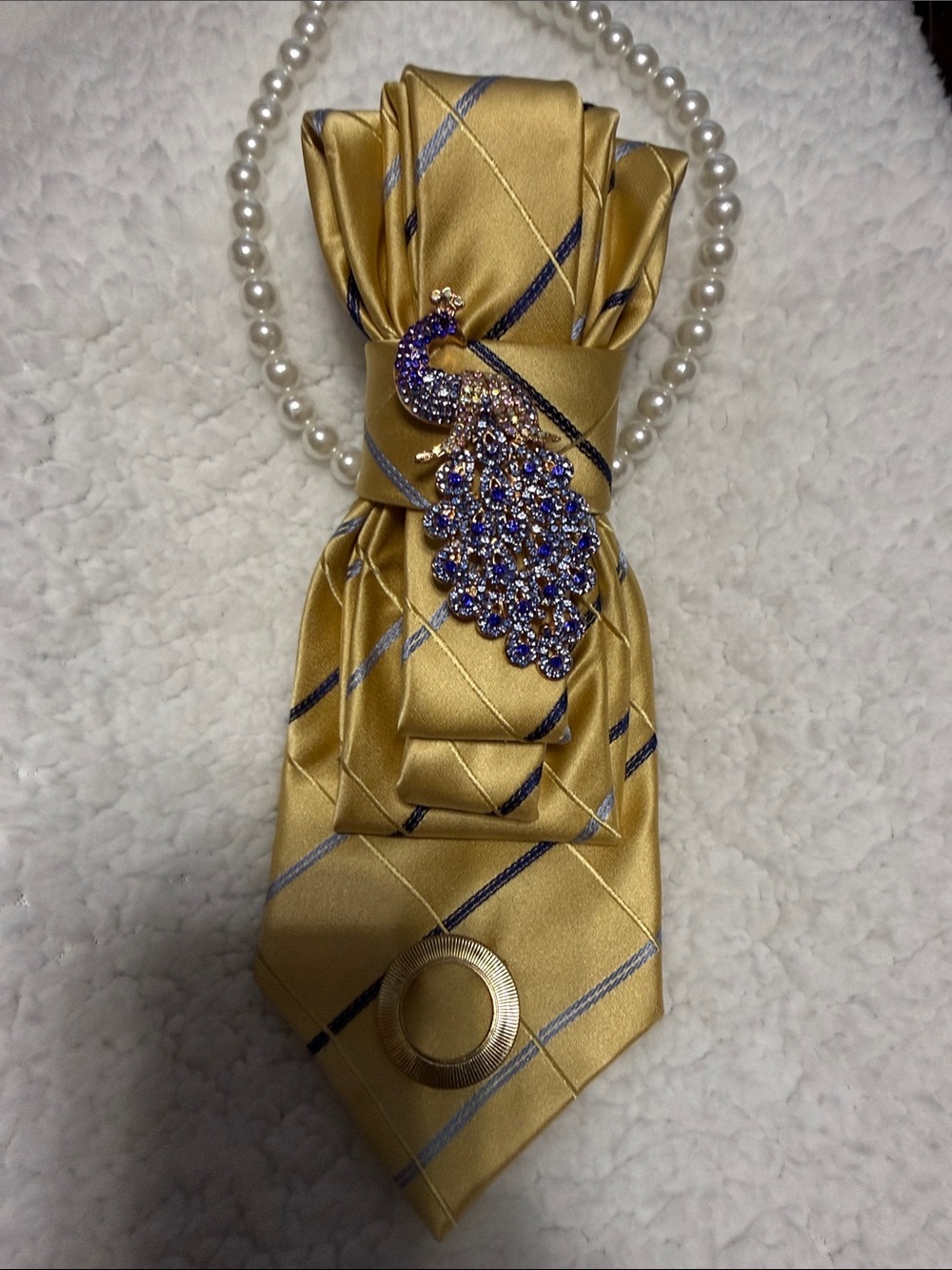 Gold Plaid Necklace with Purple Peacock Brooch